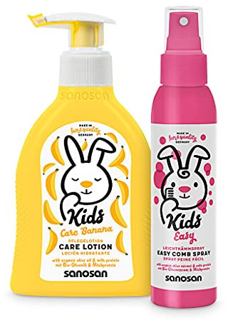 sanosan Pflegelotion Banane & Leichtkämm Spray - Pflegeset für Kinder mit Bio Olivenöl & Milchprotein - Lotion & Leichtkämmspray Set - Haarpflege & Hautpflege