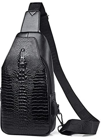 Leder Sling Bag Crossbody Rucksack für Männer Frauen Reisen Outdoor Camping, Schwarz, Daypack Rucksäcke