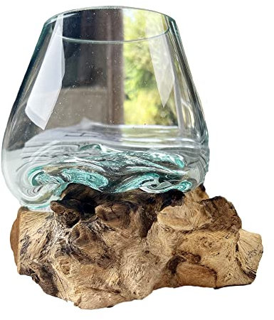 Molten Glass Home Decorative Bowl On Rustic Teak Root Wood Stand Ornament Gift 14cm