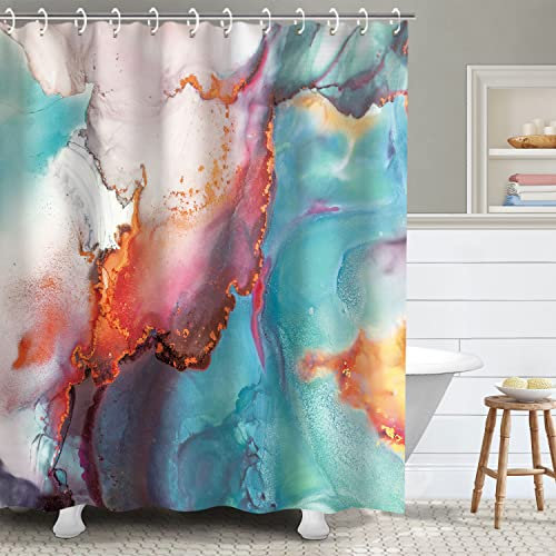 RosieLily Teal Marble Shower Curtain, Orange Abstract Bathroom Curtain, Red Shower Curtains Set with 12 Hooks, Teal Watercolor Bathroom Decor, 72x72