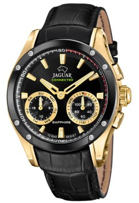JAGUAR Uhr Smart Herren Hybrid aus Leder Schwarz | Connected, Wasserdicht 10 ATM, J962/2, Musiksteuerung, Schrittzähler, Anruf-Info & -Ablehnung, Schwarzes Zifferblatt