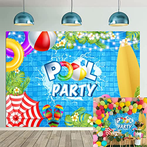Pool Party Hintergrund Sommer Strand Ball Flamingo Tropische Palme Blume Fotografie Hintergrund Baby Dusche Kinder Mädchen Geburtstagsparty Hinterhof Schwimmen Dekor Banner Requisiten