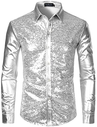 LucMatton Langärmelige Knopfleistenhemden für Herren, glänzende Metallic-Pailletten, 70er-Disco-Stil, für Halloween, Cosplay, Club, Rock-, Hip-Hop-Party, Silber, L, metallisch, L