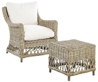 Beliani Fauteuil en Rotin Naturel pour Intérieur et Extérieur avec Repose-Pieds et Coussins Blanc-Cassé Ribolla