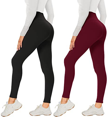 AMIYOYO Leggings Damen 2er Pack Sporthose Fahrradhose High Waist Leggins Blickdicht Elastische Weiche Bauchweg Hosen für Yoga Fitness Outdoor Freizeit(Schwarz+Weinrot,S-M=DE34-40)