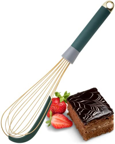 Large Manual Balloon Whisk Egg Beater - Stainless Steel. Froths Milk, Beats Eggs, Whips, Folds & Stirs Meringue, Batters & Sauces. Inbuilt Flexible Silicone Bowl Scraper. 5yr Guarantee, Green And Gold