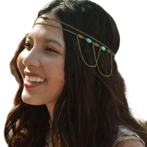 Wendalern Boho Layered Türkis Kopfkette Vintage Türkis Haarkette Kopfschmuck Gold Quaste Kopfkette Zigeuner Haarkette Hochzeit Kopfschmuck Dekorativer Haarschmuck für Frauen und Mädchen Geschenke