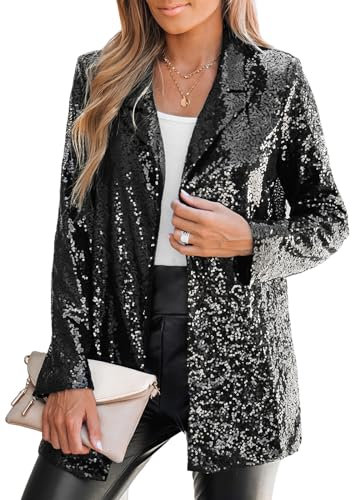 CUPSHE Damen Blazer Pailletten Glitzer Jacke Revers Langarm Vorne Offen Party Festlich Cardigan Outwear Schwarz XL