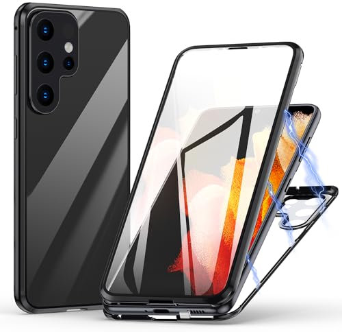Hülle für Samsung Galaxy S23 Ultra, Magnetische Adsorption Handyhülle 360 Grad Schutz Aluminiumrahmen mit Gehärtetes Glas, Starke Magneten Stoßfest Metall Flip Case Cover - schwarz