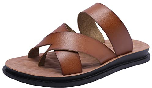 Harssidanzar Herren Leder Zehentrenner, Slip On Cross Straps Slide Sandalen Toe Ring Stil für Mann KM221EU,Khaki, größe 44
