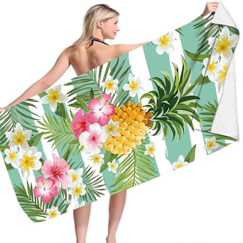 Queenshin Große Grüne Streifen Ananas Strandtücher, Microfaser Handtücher Fitness Handtuch Saunatuch Badetuch für Herren Damen, 75 x 150 cm