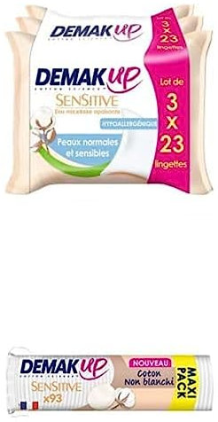 Lot Demak'Up Sensitive Lingettes à démaquiller - 3x23 Lingettes démaquillantes + Demak'Up Sensitive Disques Cotons à Démaquiller - Visage et Yeux - 100% Fibres de Coton Naturelles - 93 Cotons