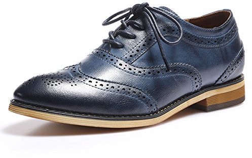 Mona flying Damen Leder Wingtip Brogues Lace Up Derby Oxfords Mandelzehe Formal Schnürschuhe,Blau,39 EU