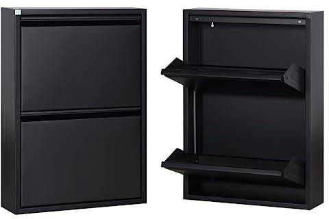 3FlexHome Metal Shoe Storage Cabinet for Hallway and Bedroom - Slim Wall Mounted Shoe Rack with Flip Down Drawers, Modern Ready Assembled Storage Cupboard, Space Saving Shoe Organiser (2 Drawer Black)