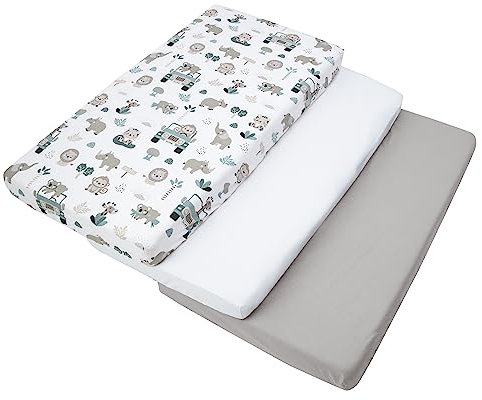 Medi Partners Spannbettlaken 60x120 3-Pack Baby Bettlaken Kinderbett Spannbetttuch 100% Baumwolle - Fitted Kinder Sheet Bettwäsche Babymatratze Schlafsack Babybett (Mint Zoo-Weiß-Graue)