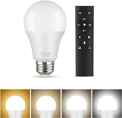 OUTON A19 LED Light Bulb with Remote Control, Efficient 9W LED Bulb (60Watt Equivalent), 810 LM, Dimmable, 3000K-6000K, E27 Base, 1Hour Timer for Living Room, Bedroom, 1Bulb & Remote