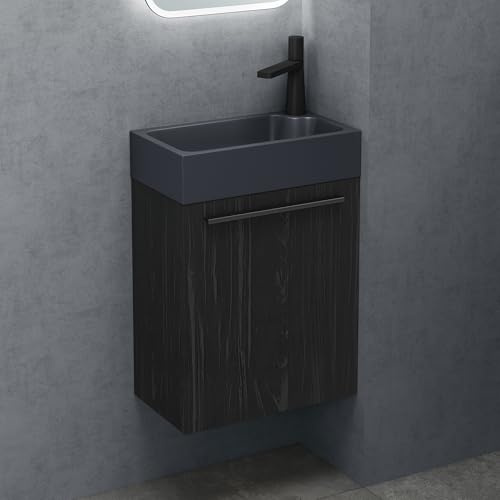 doporro Badezimmerschrank Badmöbel-Set in Schwarz Strukturiert BxTxH: 46x26x63 cm Waschbeckenunterschrank mit Mineralguss-Waschbecken in matt Anthrazit Gäste-WC Wandmontage Pisa