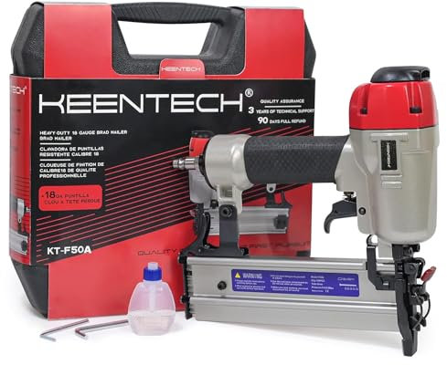 KEENTECH Pneumatic Nail Gun, 18 Gauge Brad Nailer with Carrying Case, Aluminum Alloy Magazine Light Weight Air-Powered Nail Gun, Ready-to-use Tool Set, Upholstery & DIY Project, KT-F50A
