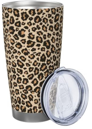 ZaKhs Thermobecher mit Leopardenmuster, Tapetendruck, 590 ml, mit Deckel und Strohhalm, Kaffeetasse, Edelstahl, Reisebecher für Damen und Herren