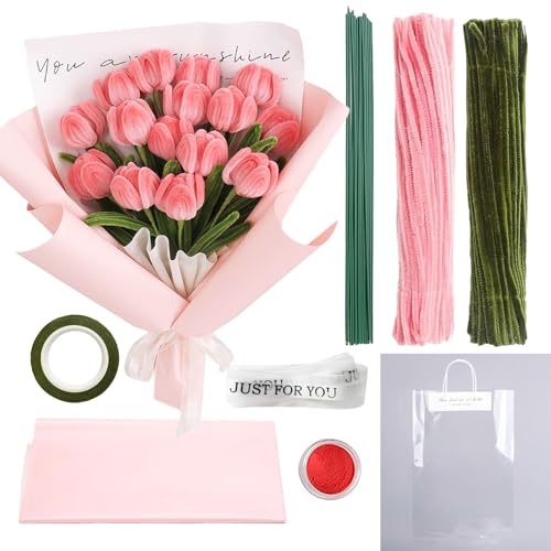 170 Stück Pfeifenreiniger Pfeifenputzer zum Basteln Pfeifenputzer Handmade DIY Tulpe Kit mit Seidenfaden Wrapping Tasche für Muttertag Graduation Deko Abschluss Deko