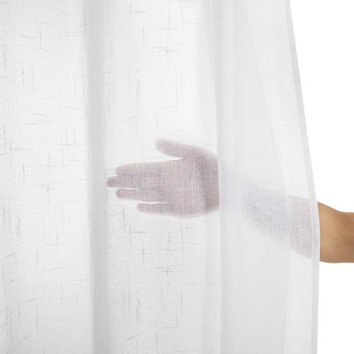 Deconovo Tende Trasparenti in Voile Bianche per Camera da Letto 2 Pezzi, Tende per Interni con Fettuccia per Soggiorno in Finto Lino Morbide ed Eleganti, 140x300 CM