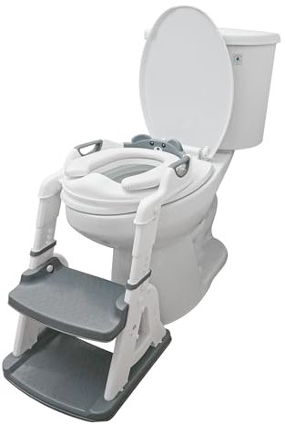Bambinao 2-in-1 Cushioned Potty Training Seat with Step Stool for Kids, Toddler Toilet Seat, Potty Chair for Boys & Girls Aged 2-8, Adjustable Height, Splash Guard, Foldable, Anti-Slip Design, Gray