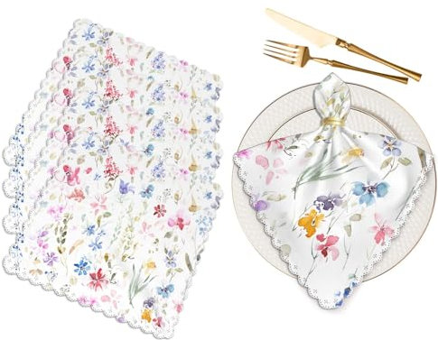 Stoffservietten mit bunten Blumen, 4 Stück, weiche Wildgrasblätter, Frühling, Sommer, Aquarellmalerei, Polyester, Abendessen, quadratische Serviette für Familie, Restaurant, Hochzeiten, Partys, 45,7 x