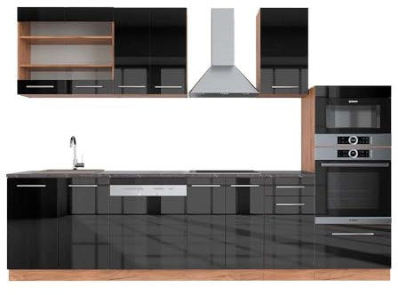 Vicco Küchenzeile Fame-Line, Anthrazit Hochglanz/Goldkraft Eiche, 300 cm mit Hochschrank, AP Anthrazit