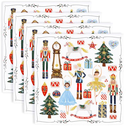 JarThenaAMCS Set of 4 Nutcracker Cloth Napkins Christmas Watercolor Nutcracker Dinner Napkins Reusable Xmas Cartoon 18 x 18 Inch Kitchen Tabletop Collection for Table Decor Party Supplies