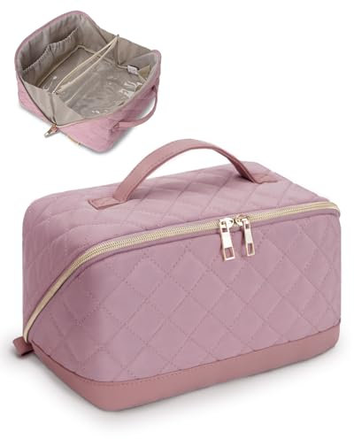 Wandering Nature Sac de rangement de maquillage matelassé, grande ouverture, grande capacité, trousse de toilette plate ouverte pour femme