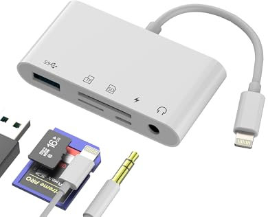 Adattatore per Lightning (5in1)Lettore Schede SD e Micro SD TF Porta USB 3.0 Jack 3.5mm Ricarica per Apple per iPhone iPad Cavo OTG Fotocamera Macchina Fotografica Digitale Memoria Esterna Trasferire