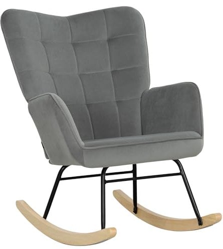 HOMCOM Schaukelstuhl, Schaukelsessel mit Samtoptik, Armlehne, Gepolsterter Sessel mit Holzkufen, Relaxsessel für Wohnzimmer, Schlafzimmer, bis 120kg belastbar, Dunkelgrau