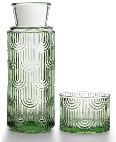 DmmyAlzx Bedside Water Carafe and Glass Set, Mouthwash Dispenser for Bathroom, 21.6 Oz Glass Water Bottles with 6 Oz Drinking Cup as Lid, Water Pitcher for Nightstand, Kitchen (Green)