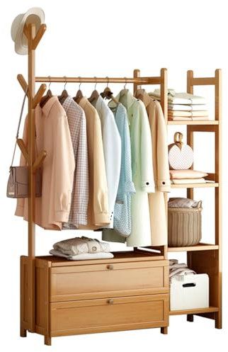 Perchero independiente de bambú con almacenamiento de doble cajón y 4 estantes, perchero multifuncional para almacenamiento de ropa para dormitorio, zapatos y cajas, color madera, tamaño 80.