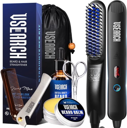 Vsearch - Plancha para barba para hombre, temperatura ajustable, antiquemaduras, accesorios y estuche de viaje, el kit de aseo perfecto para barbas de mediana a larga, regalo ideal para el día del