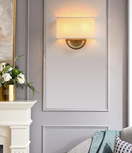 Yosoan Wandleuchte mit Stoffschirme Wandlampe Modern Lampe Wandleuchten mit E27 für Spiegel, Wohnzimmer, Schlafzimmer und Treppe (1 Stk mit antike Metal und weißem Stoffschirme)