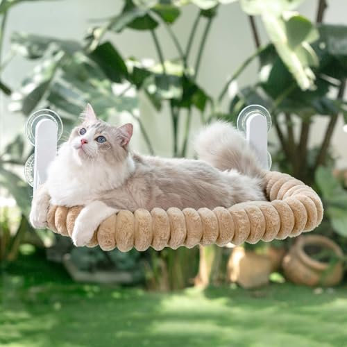 GUUSII HOME Foldable Cat Window Bed Indoor Hammock Perch for Large Cats Cordless Hanging Kitten Seat Shelf with Suction Cups Reversible Soft Plush Cushion Machine Washable 54 * 30cm (Light Camel, M)