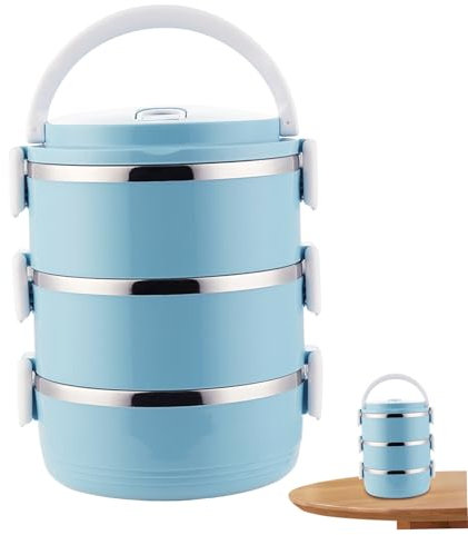 Caja de lonchera de acero inoxidable apilable 3 niveles lonchera de metal aislada con manijas de 2100 ml de bento sin fugas sin fugas para el trabajo de BPA para adultos, azul picnic azul