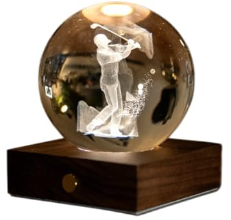 Gingko Design Bernstein Kristall Licht - Golfball 3D geätzte LED Lampe | Wiederaufladbares Stimmungslicht mit Walnusssockel | Einzigartiges Geschenk für Golfliebhaber & Heimdekoration
