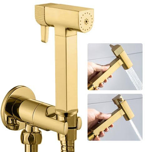 WRKMH Kit Douchette WC Or Brossé, Laiton Douchette Toilette Un Dedans Un Dehors Douchette WC Kit Complet avec Pulvérisateur Double Fonction, 1.2m Tuyau de Douche