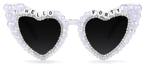 40th Birthday Glasses, White Heart Sunglasses for Women, HELLO FORTY Shiny Bling Diamond Pearl Sunglasses, 40 Years Old Birthday Party Gifts Supplies Eyeglasses Photo Props Accessories Favors