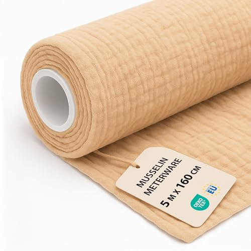 Musselin Stoff Meterware 5 M x 160 cm - Baumwollstoff Stoffe zum Nähen ideal für Bettwäsche Decke Kinder Tuch Tischläufer leichte Baumwolle Fabric Musselinstoff Oeko-Tex-Zertifikat Beige