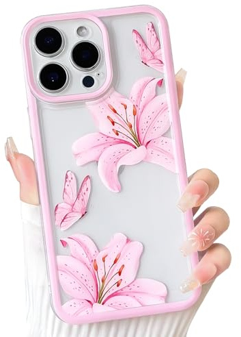 NITITOP Compatible with iPhone 14 Pro Case Clear Cute Floral Flower Lily Butterfly Pattern for Women Girls Transparent Pink Frame Soft TPU Shockproof Protective Phone Cover - Pink
