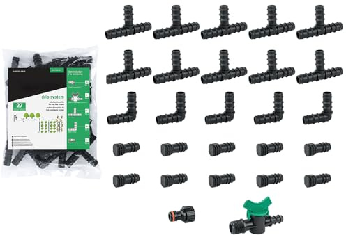 KNM Trade 27-teiliges Tropfbewässerungsset 16mm, Modular, Praktisch | PP-Material, UV-resistent, Klicksystem, Heimwerker, Wasserdurchfluss, 16mm Verbinder, Garten & Balkon
