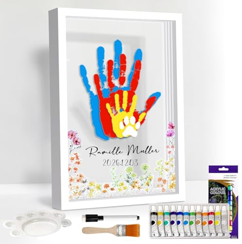 OurWarm Family Handprint Kit for 4, DIY Baby Handprint Set Keepsake Gifts with 50 PC Stickers & 12 Paints, Baby Footprint Kit Wooden Frame for New Parents Anniversary Newborn Adoption Day Gifts