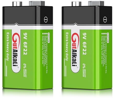 GutAlkaLi Batteries 9V Block Battery, 2 pieces, Longlife Power for Smoke Detectors, Fire Alarms, Microphone 6LR61 6F22 PP3 MN1604