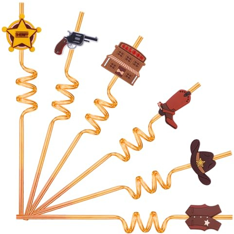 12 Pcs Cowboy Straws, Western Party Straws, Wild West Curly Straw, First Rodeo Party Decorations, Reusable Straw for Picnic, Camping