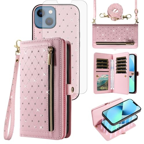 Phone Case for iPhone 13 6.1 inch Zipper Wallet Detachable Cell Cover and Screen Protector Crossbody Lanyard Strap Bling Flip Credit Card Holder iPhone13 5G i i-Phone i13 iPhone13case Women Pink