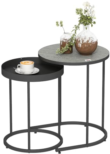 HOMCOM Nesting Side Table Set of 2 with Tray Top Metal Frame Grey | Industrial Round Tables, Living Room, Bedroom, Home Office