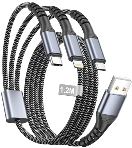 3 en 1 Multi Cable de Carga,1.2M cable multiple cargador USB con Tipo C Lightning Micro, Nylon Ca-ble Trenzado de Carga Rápida ca-ble USB Universal para iPhone 17 16 15 14,Samsung,Kindle,Huawei,Xiaomi